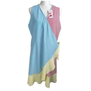 Lands' End NWT Women's‎ Dress Blue Red Yellow Stripe Seersucker Wrap Size XL/18